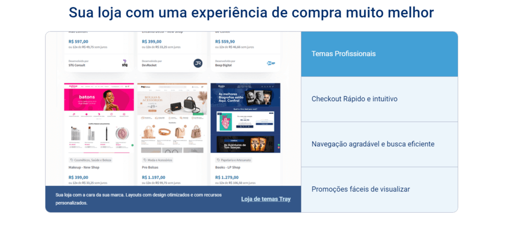 A Tray Commerce se destaca pela possibilidade de integrar sua loja virtual com mais de 20 marketplaces, como Mercado Livre e Amazon, além de redes sociais como Facebook e Instagram. Essa funcionalidade amplia o alcance da marca e aumenta as chances de vendas.