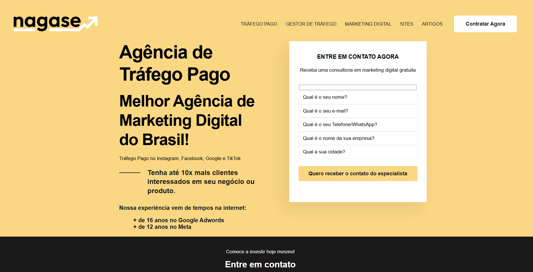 A Agência Nagase é uma referência nacional em performance e estratégia digital. Com um portfólio robusto, atua com maestria em diversas plataformas, incluindo Google Ads, Meta Ads, TikTok Ads, LinkedIn Ads e YouTube Ads. Seu foco em funis completos, segmentação com IA e otimizações semanais a torna uma escolha sólida para quem busca resultados consistentes. Atende desde clínicas e e-commerces até campanhas políticas, mostrando sua versatilidade e capacidade de adaptação.